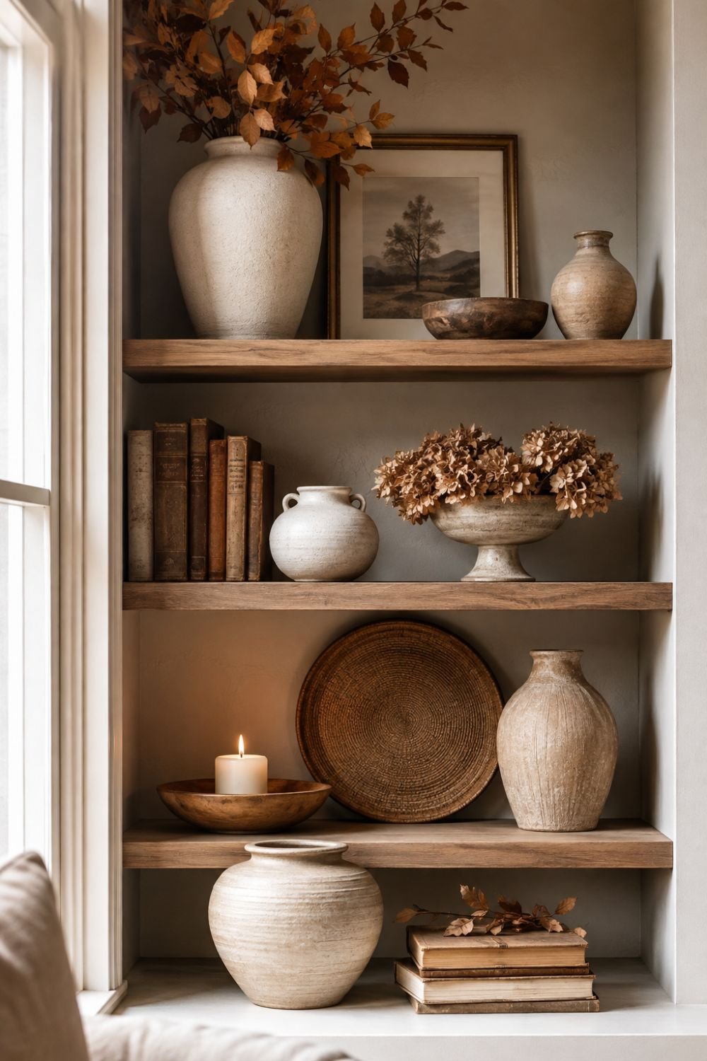  neutral palette fall shelf styling idea