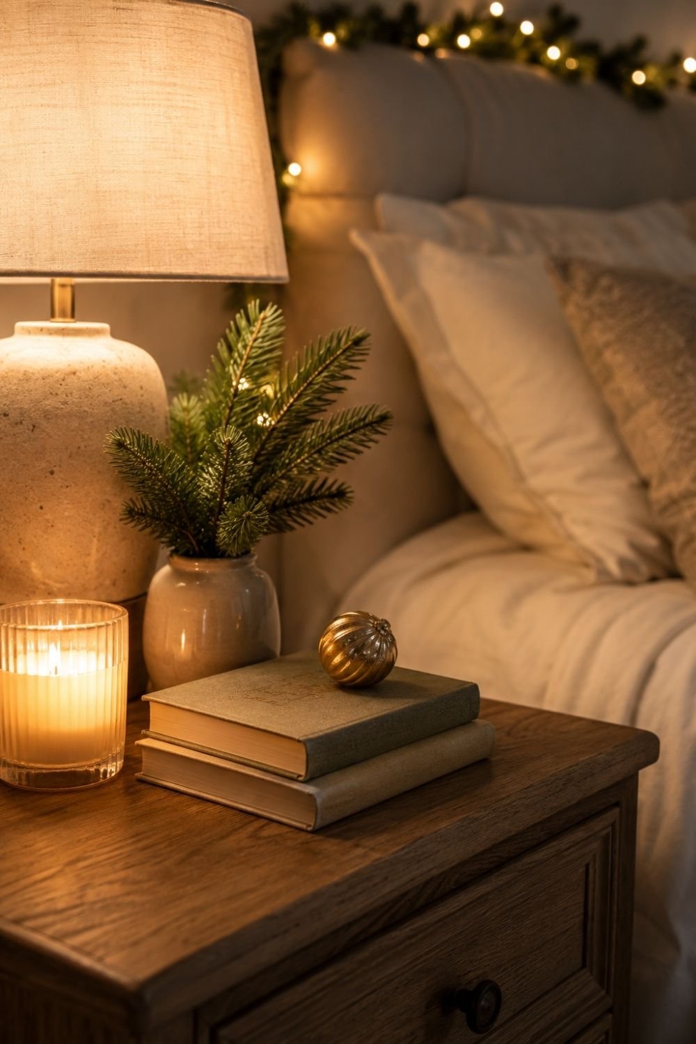 nightstand vignette christmas bedroom decor idea