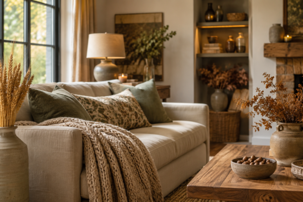 fall decor ideas without pumpkins featuring dried wheat and knit throw