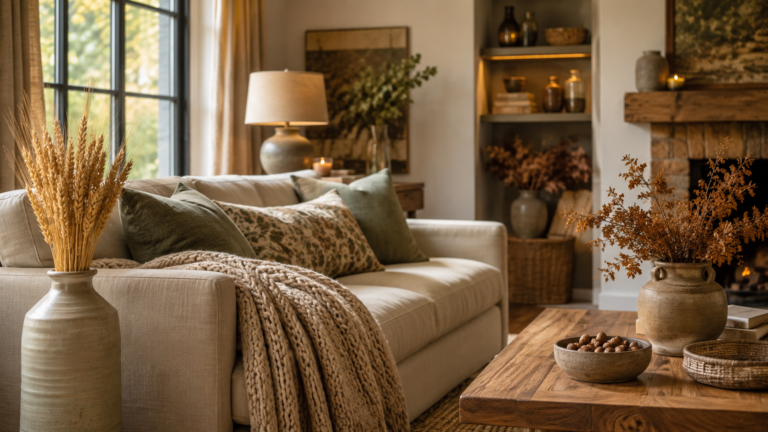 fall decor ideas without pumpkins featuring dried wheat and knit throw