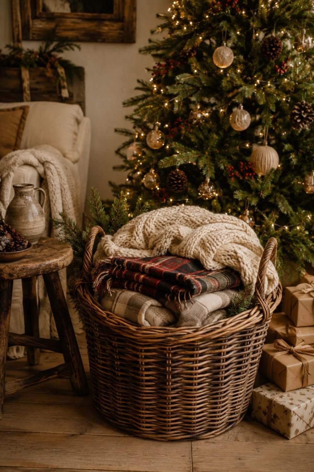 old baskets farmhouse christmas decor idea