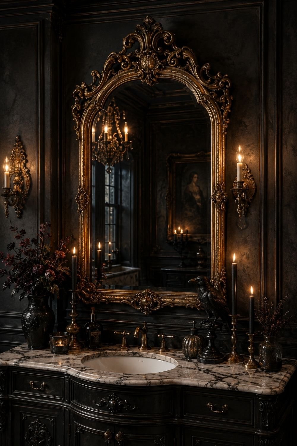 ornate mirror gothic halloween bathroom decor idea