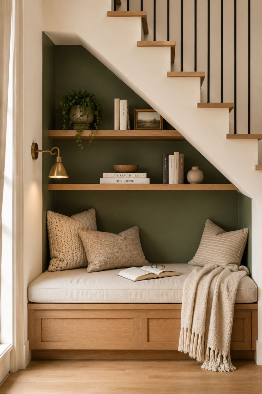 paint accent under stairs nook idea