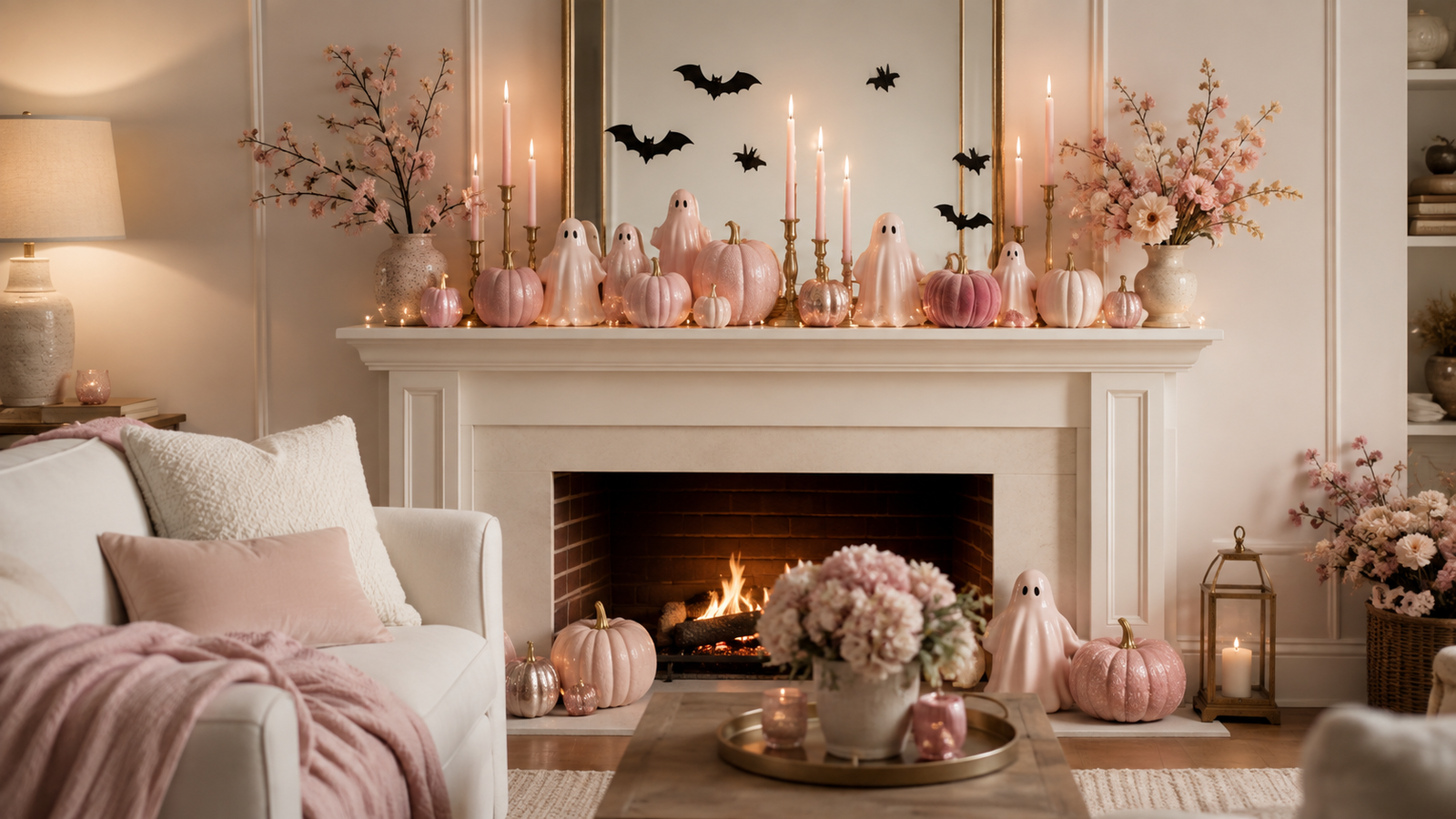 pastel pink halloween decor ideas with blush pumpkins and ghosts