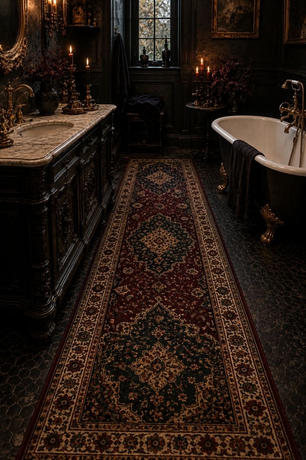patterned rug gothic halloween bathroom decor idea