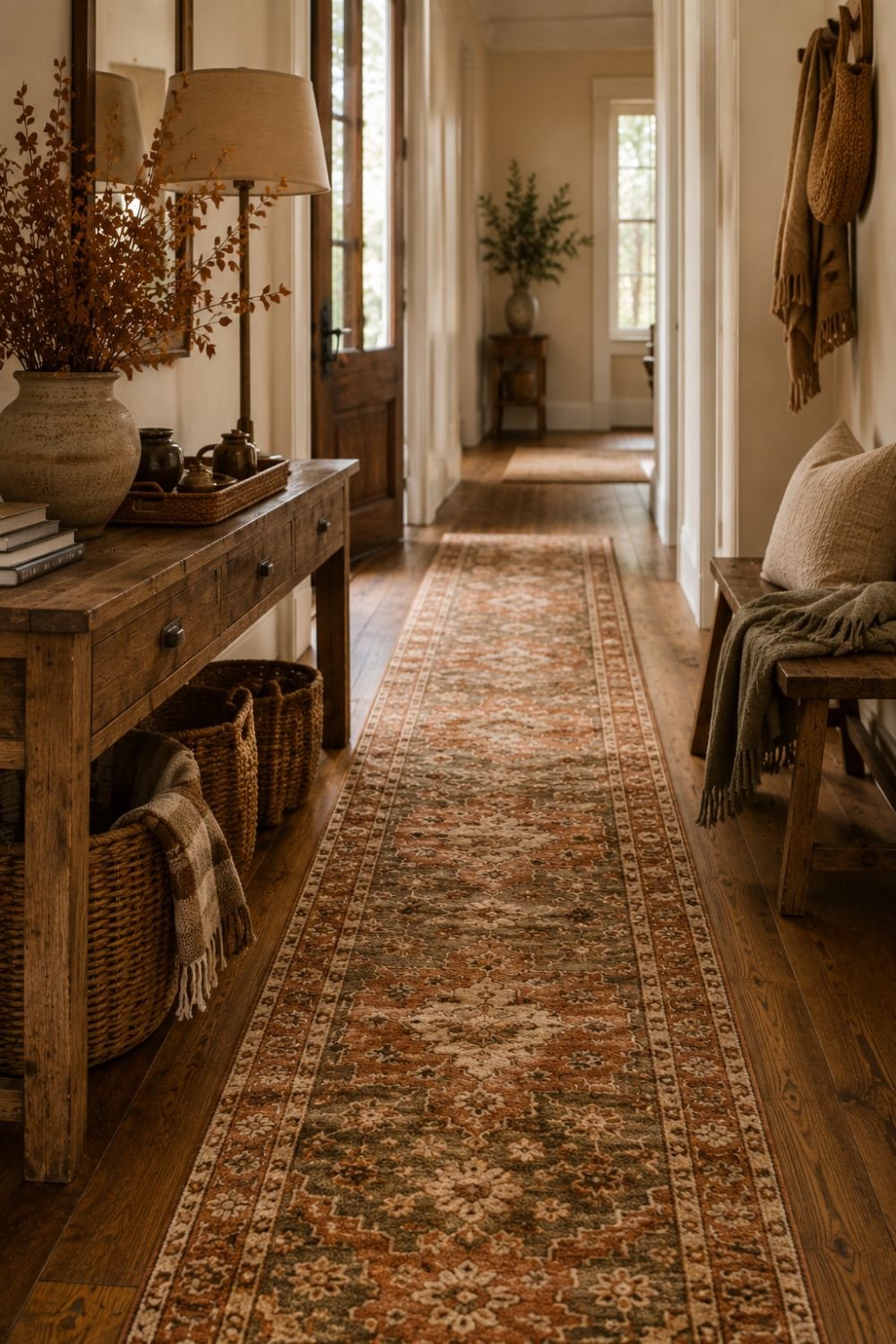  patterned runner no-pumpkin fall entryway idea