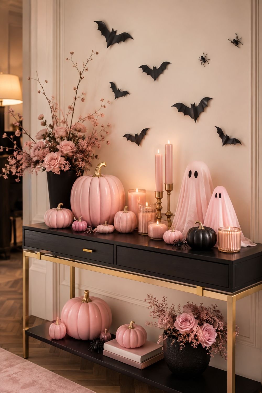 pink black contrast pastel pink halloween decor idea