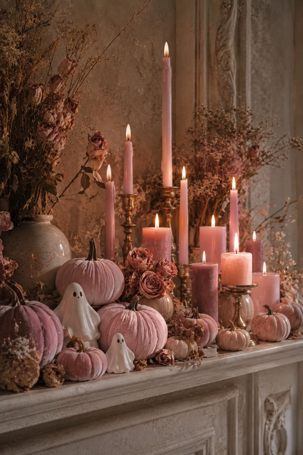 pink candles pastel pink halloween decor idea