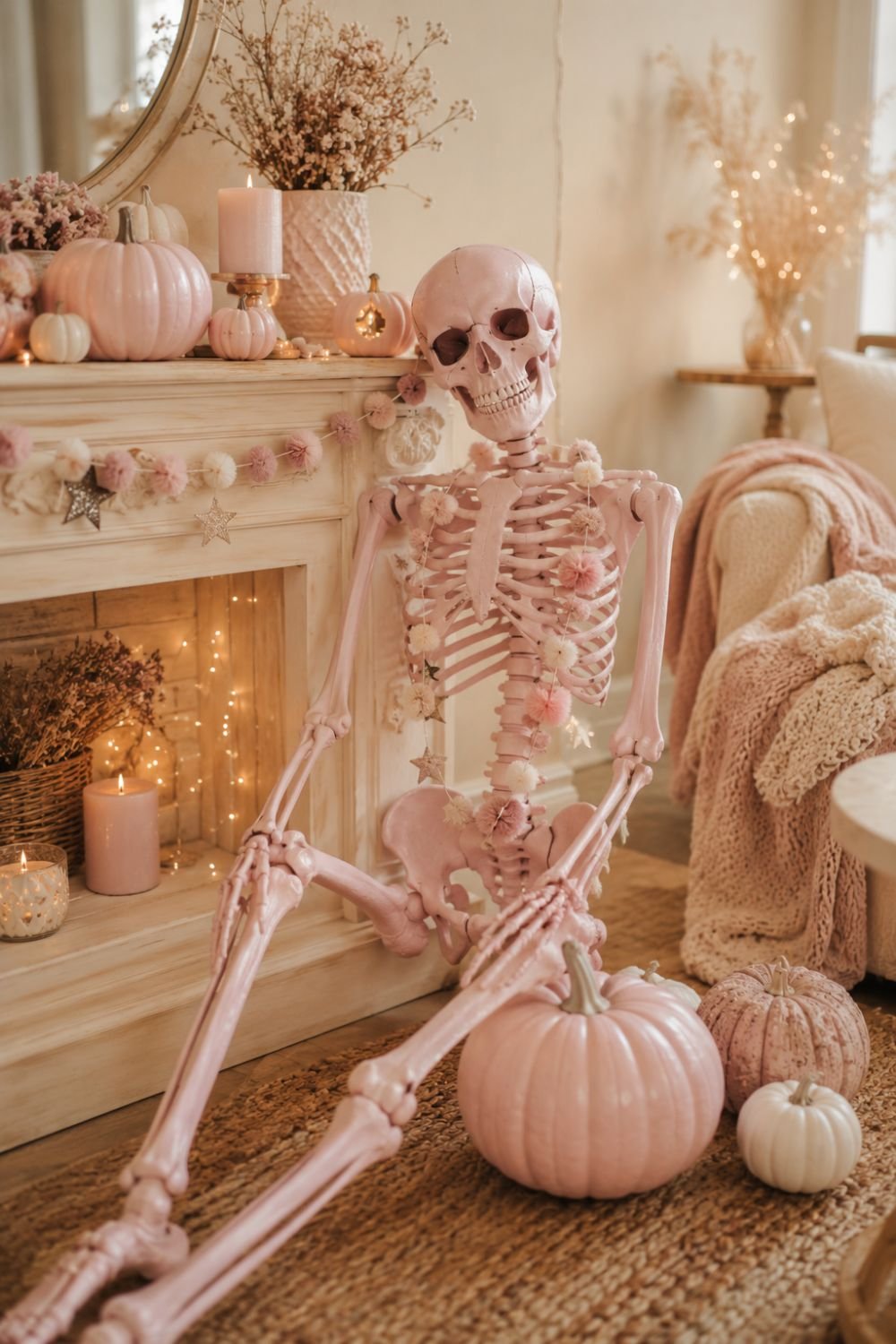 pink skeleton pastel pink halloween decor idea