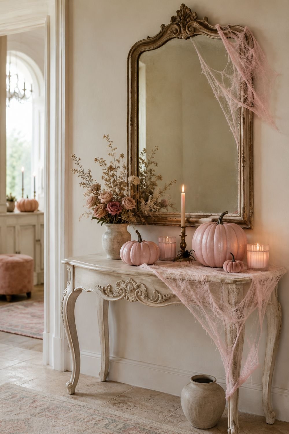 pink spiderwebs pastel pink halloween decor idea