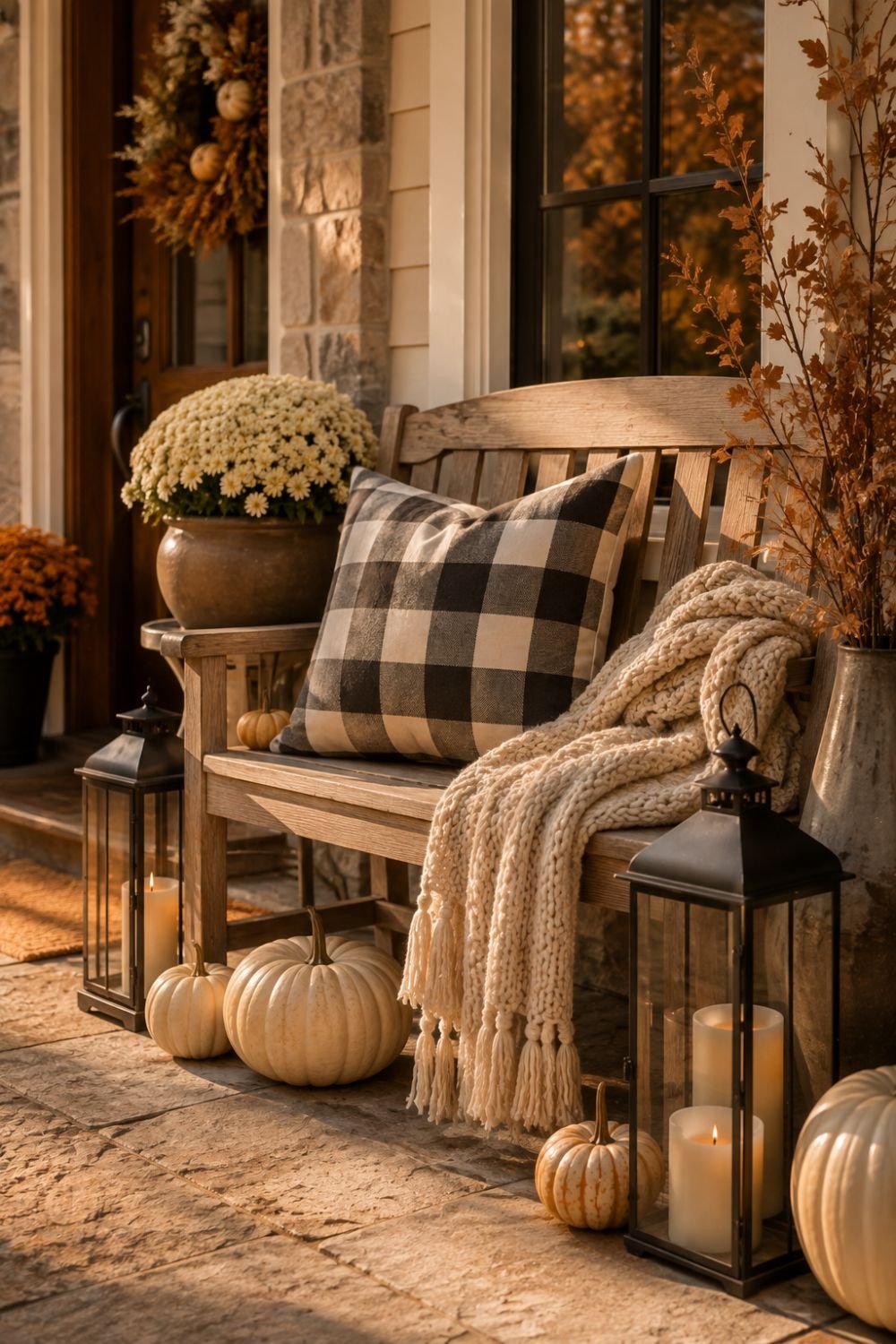 plaid pillow fall porch decor idea