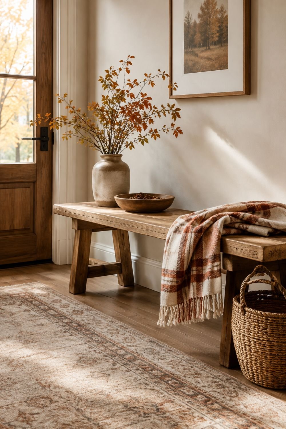 plaid throw no-pumpkin fall entryway idea