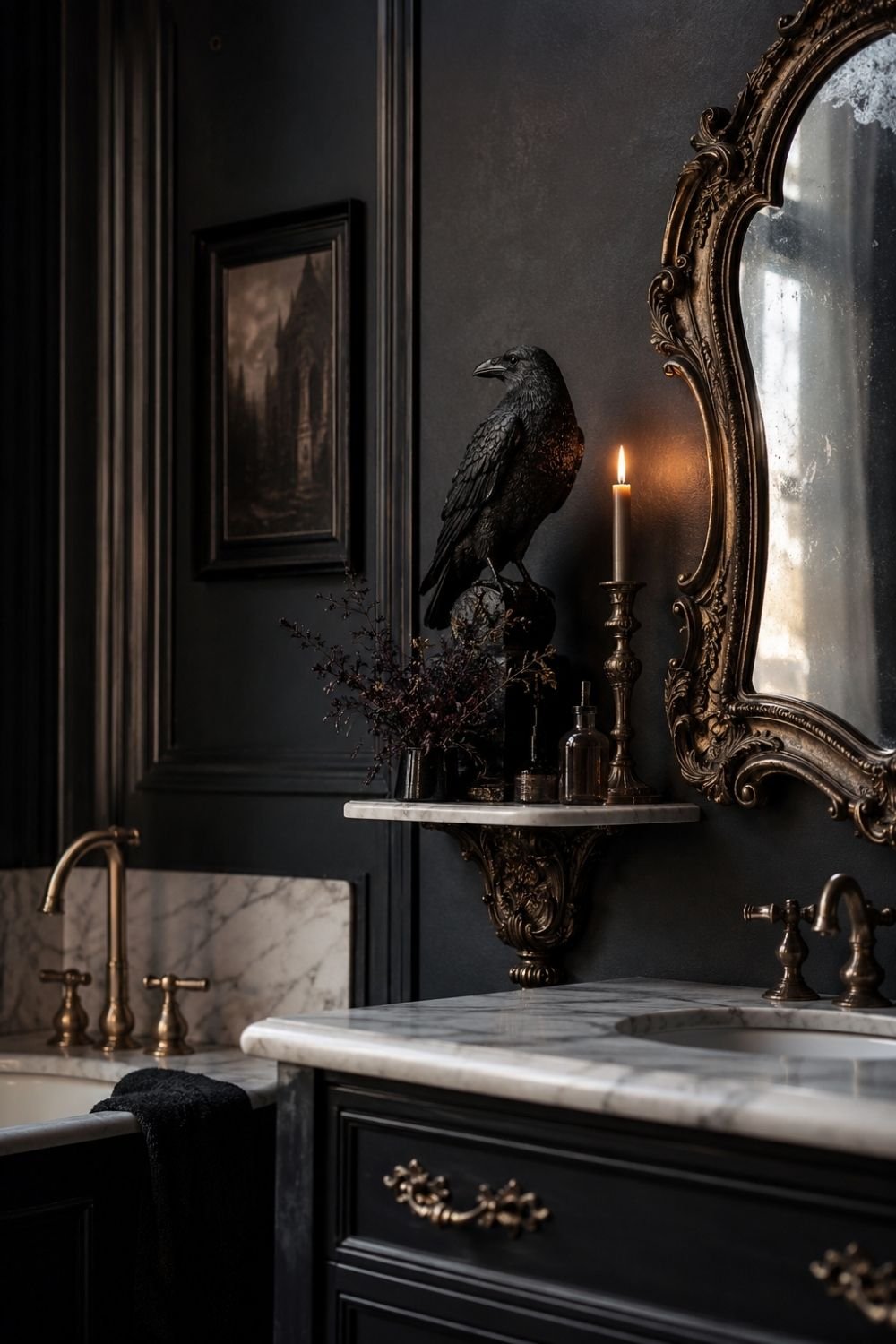 raven accent gothic halloween bathroom decor idea