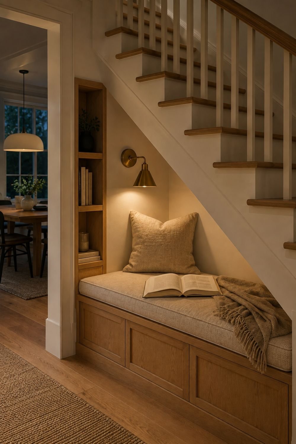 reading lamp under stairs nook idea