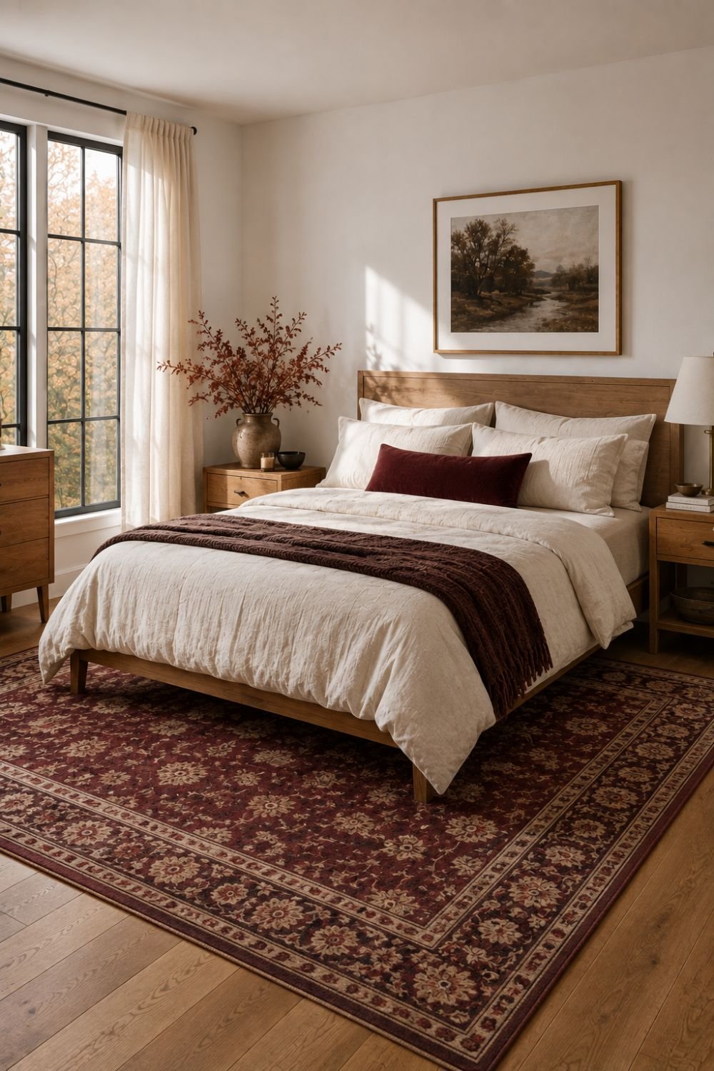 rug burgundy bedroom decor idea