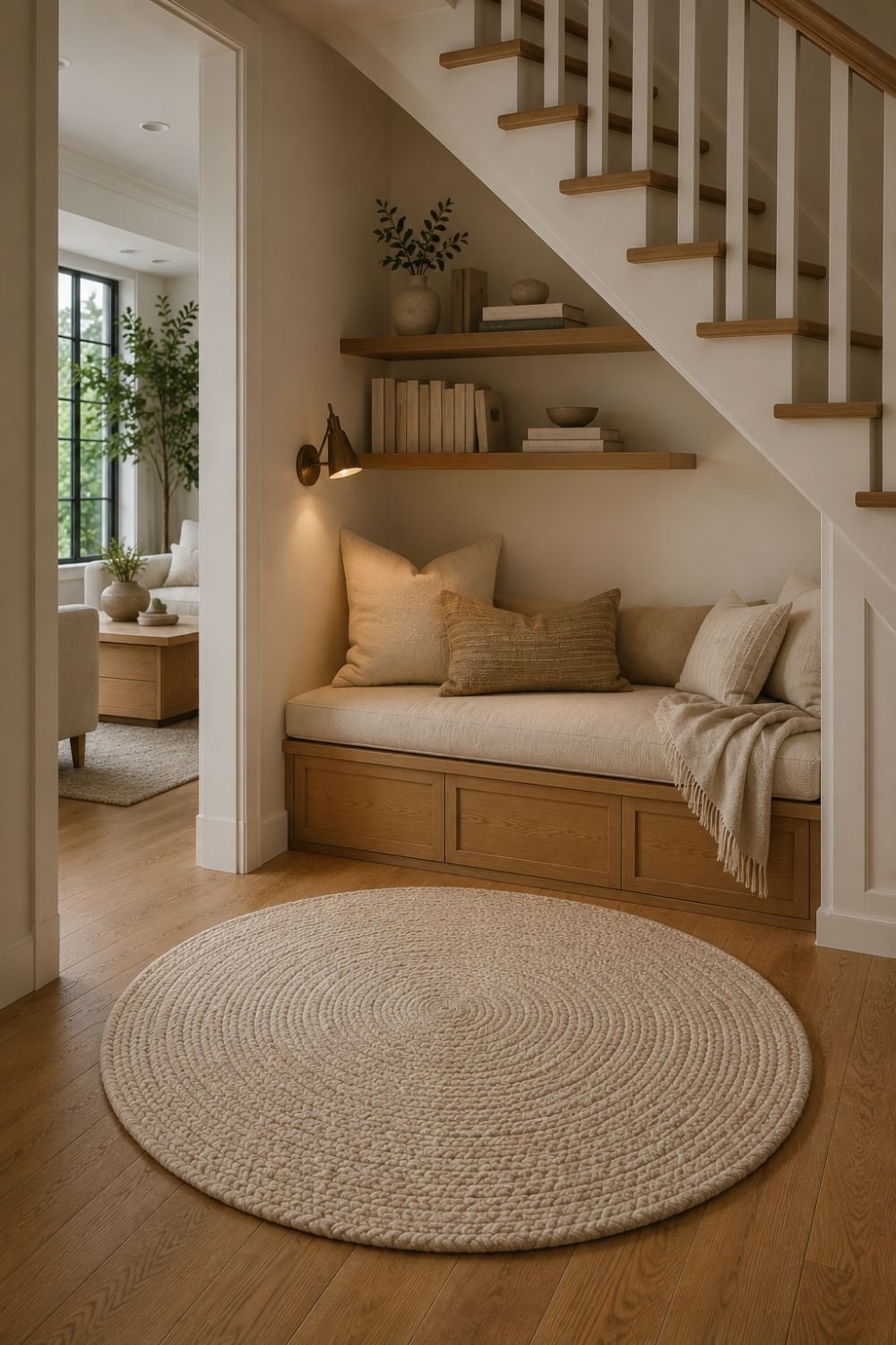 rug under stairs nook idea