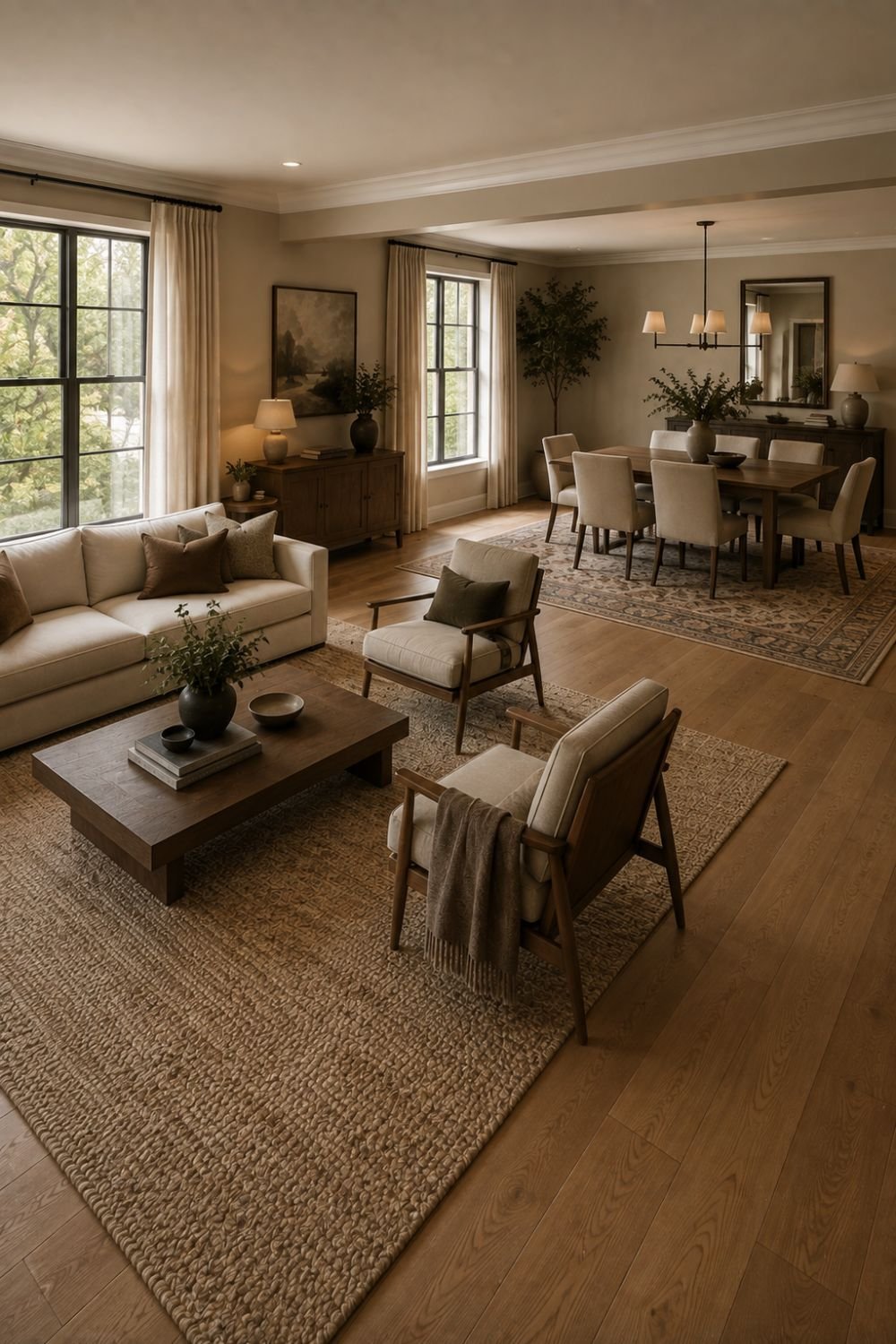 rug zoning open concept furniture layout idea