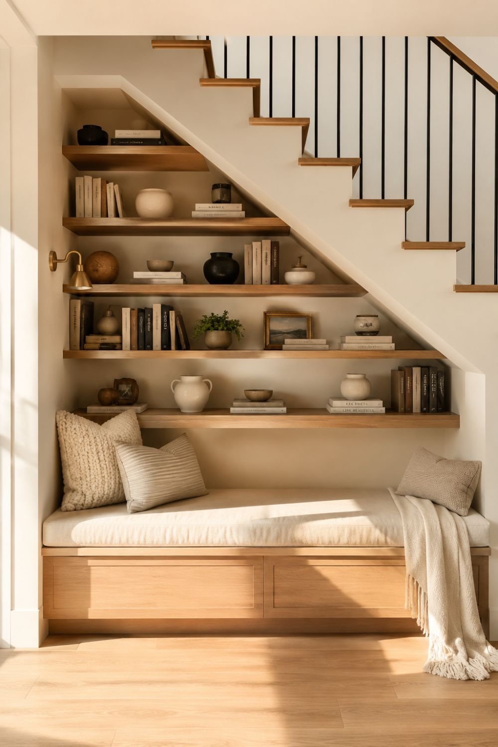 sloped shelving under stairs nook