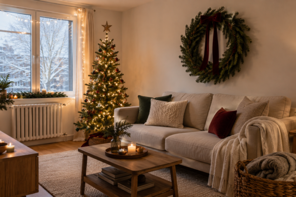 small apartment christmas decor ideas with corner tree and window lights