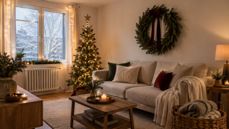 small apartment christmas decor ideas with corner tree and window lights