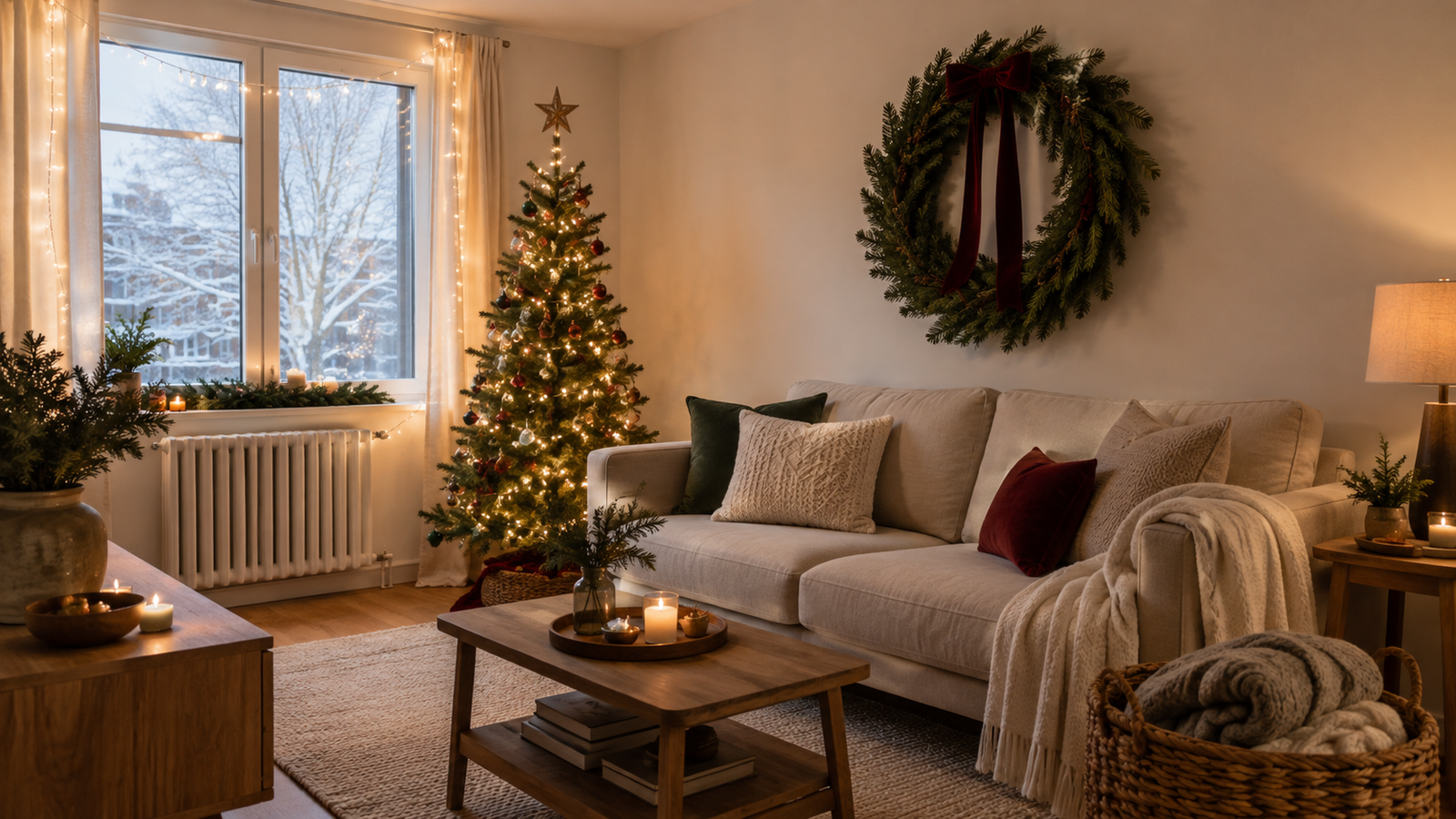 small apartment christmas decor ideas with corner tree and window lights