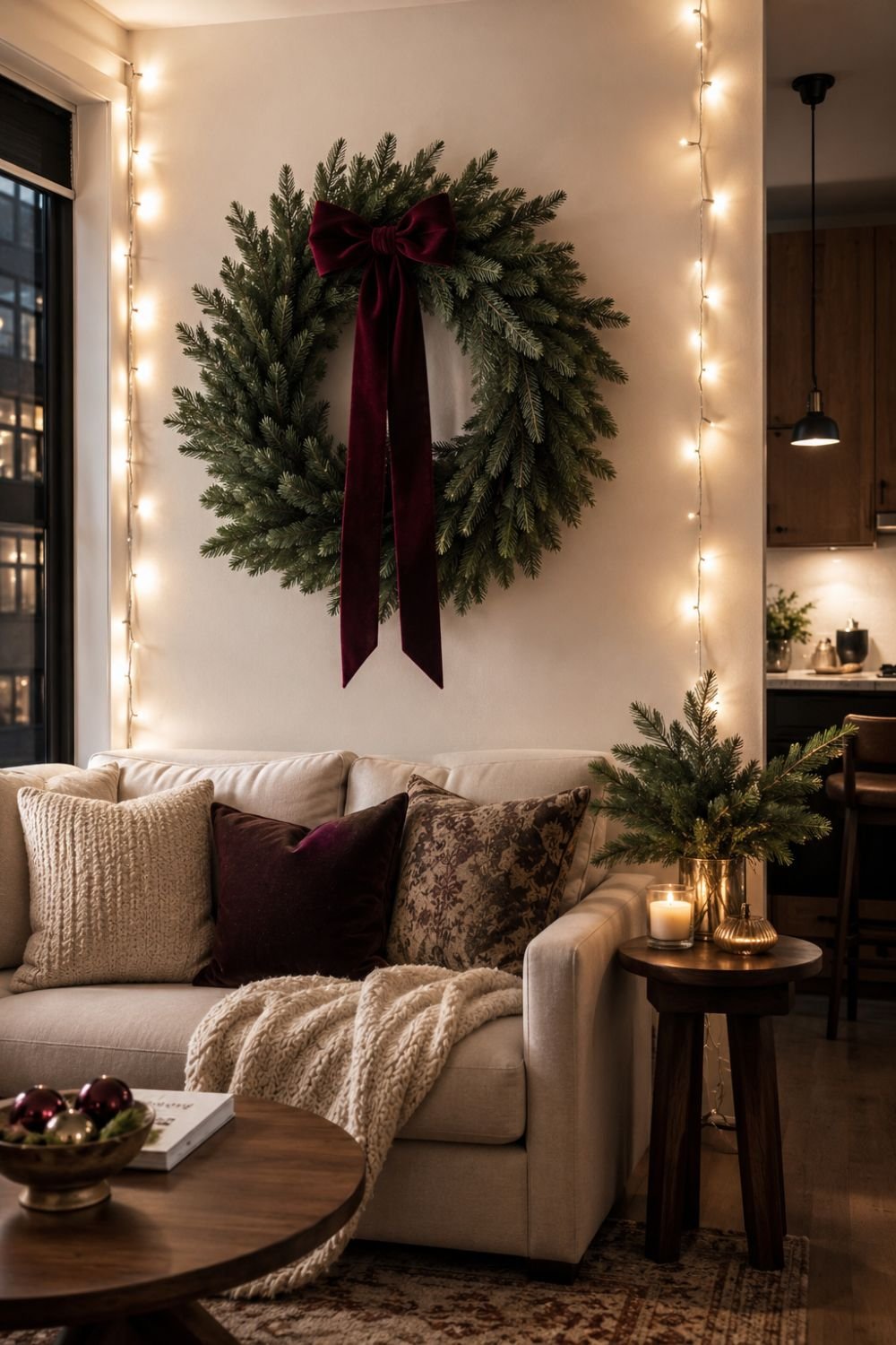 sofa wreath small apartment christmas decor idea