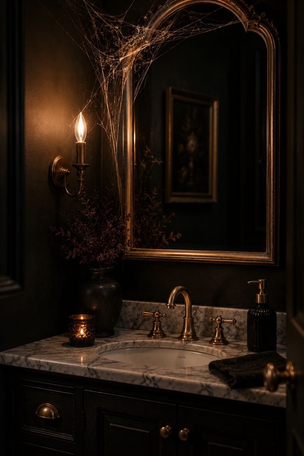  spiderweb accent halloween powder room idea