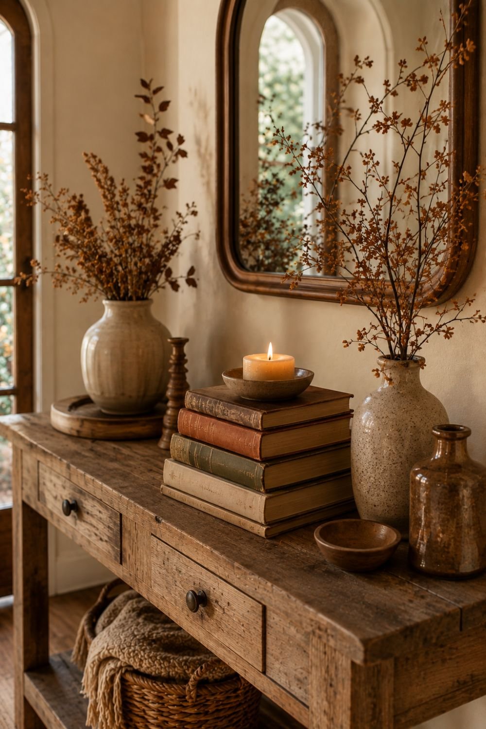 stacked books no-pumpkin fall entryway idea