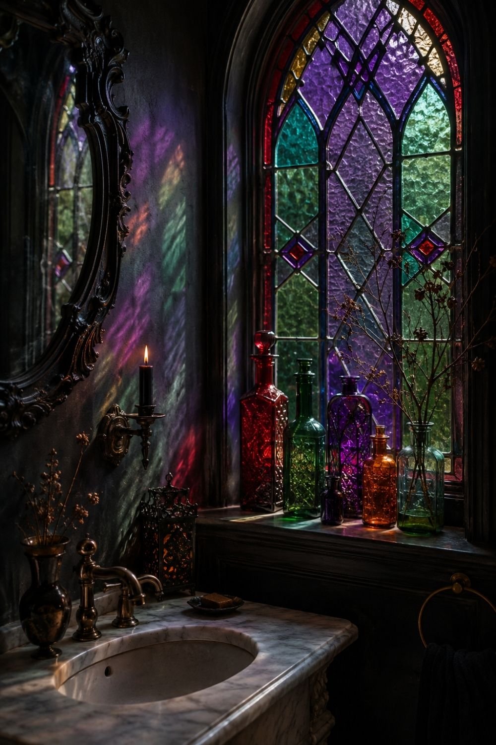 stained glass gothic halloween bathroom decor idea