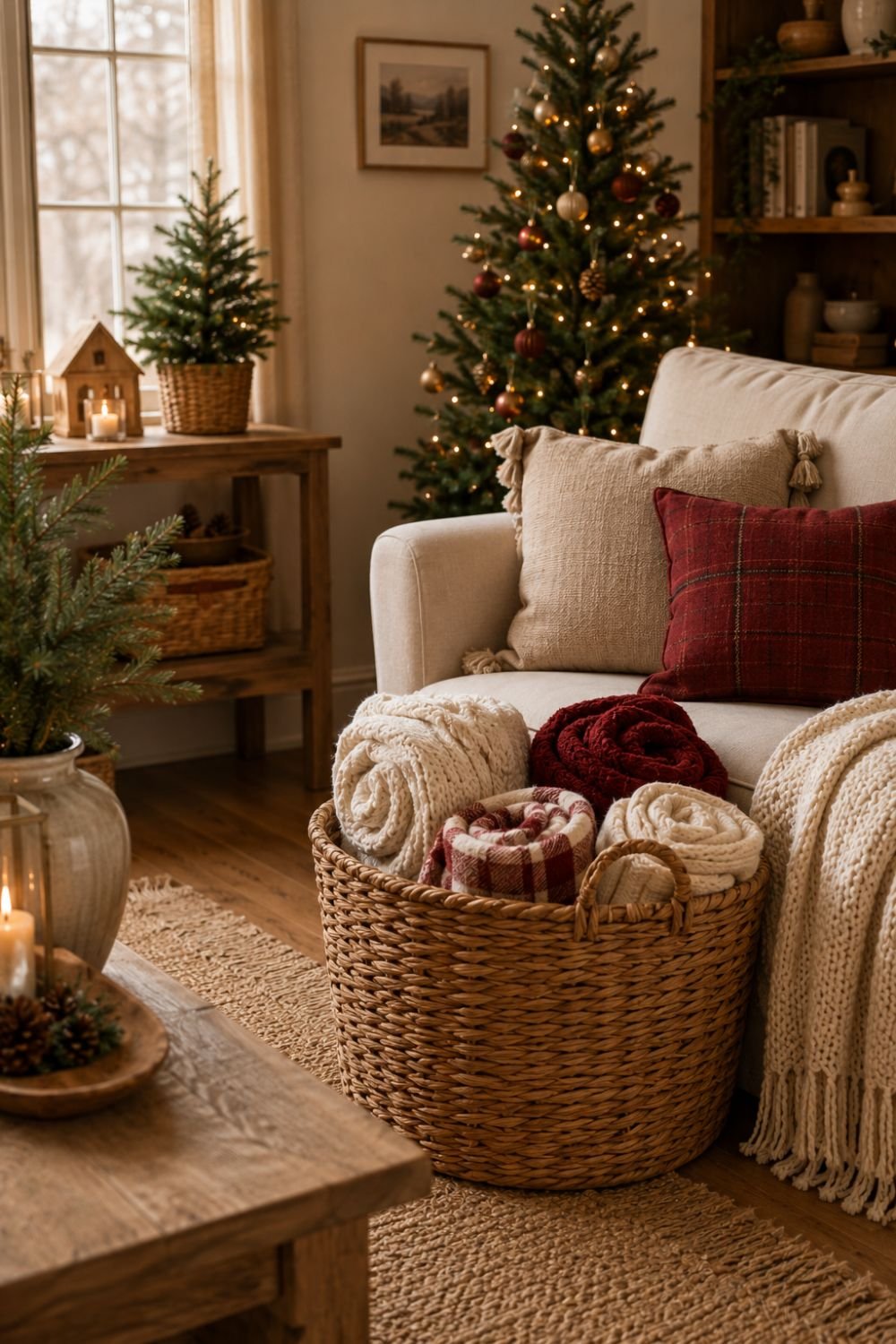 storage basket small apartment christmas decor idea