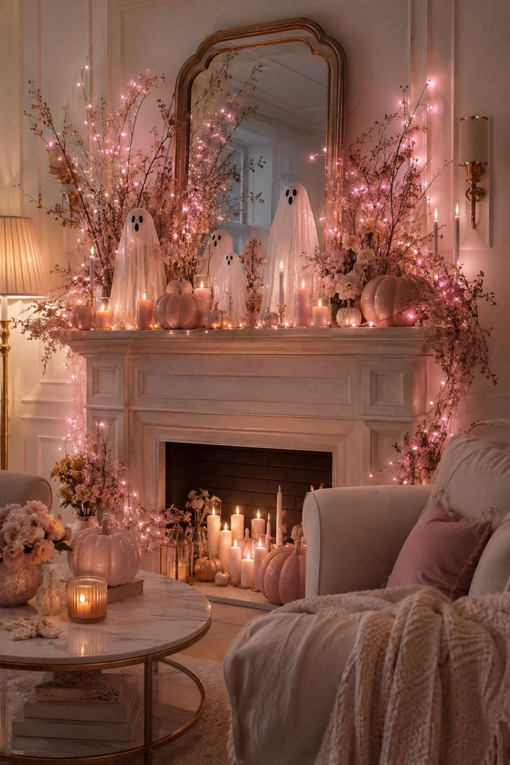 string lights pastel pink halloween decor idea