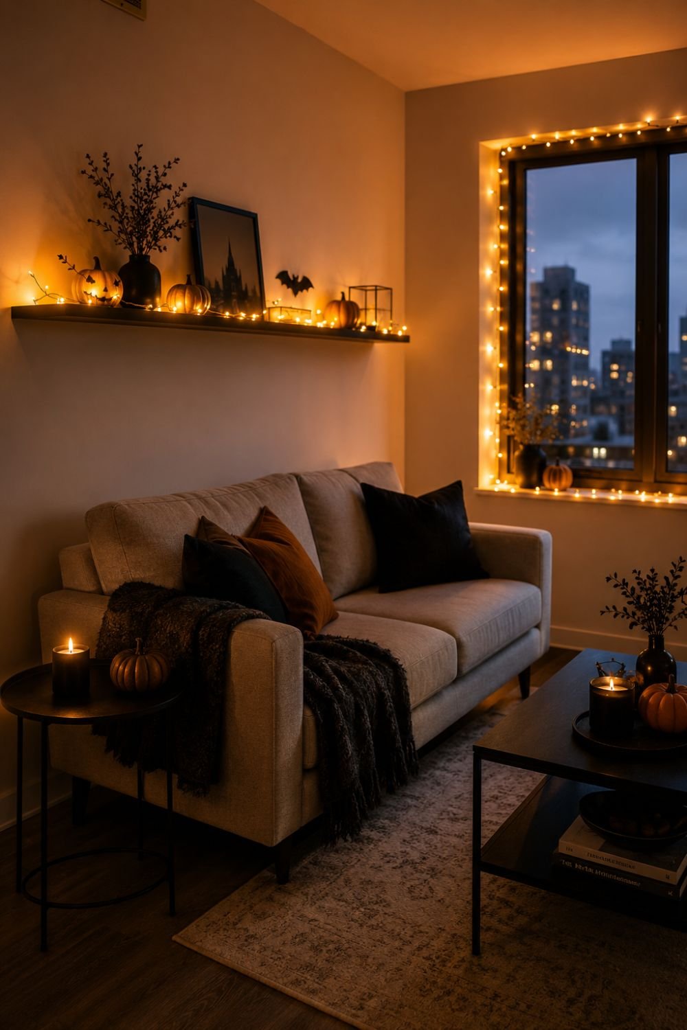 string lights small apartment halloween decor idea
