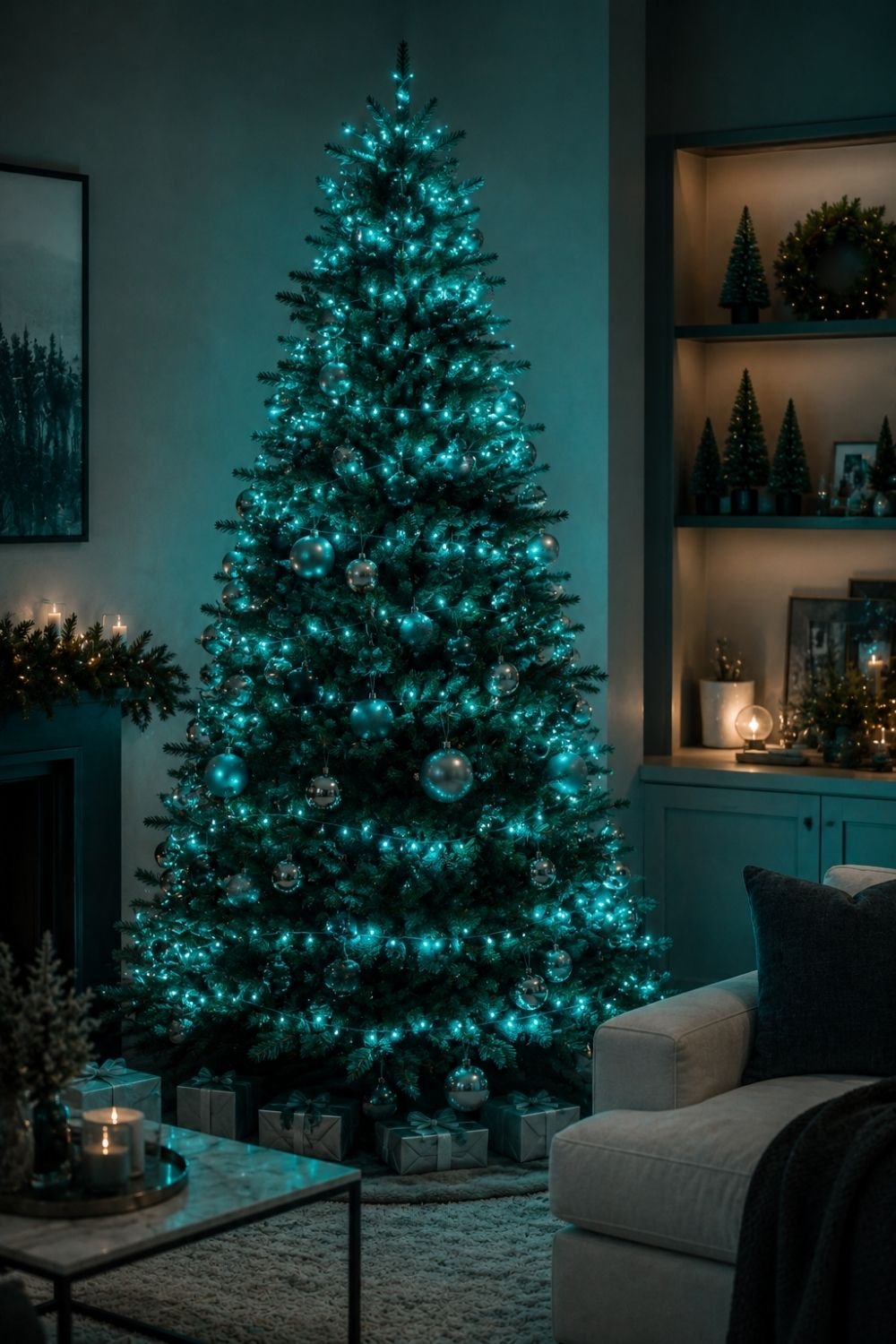 string lights teal christmas decor idea