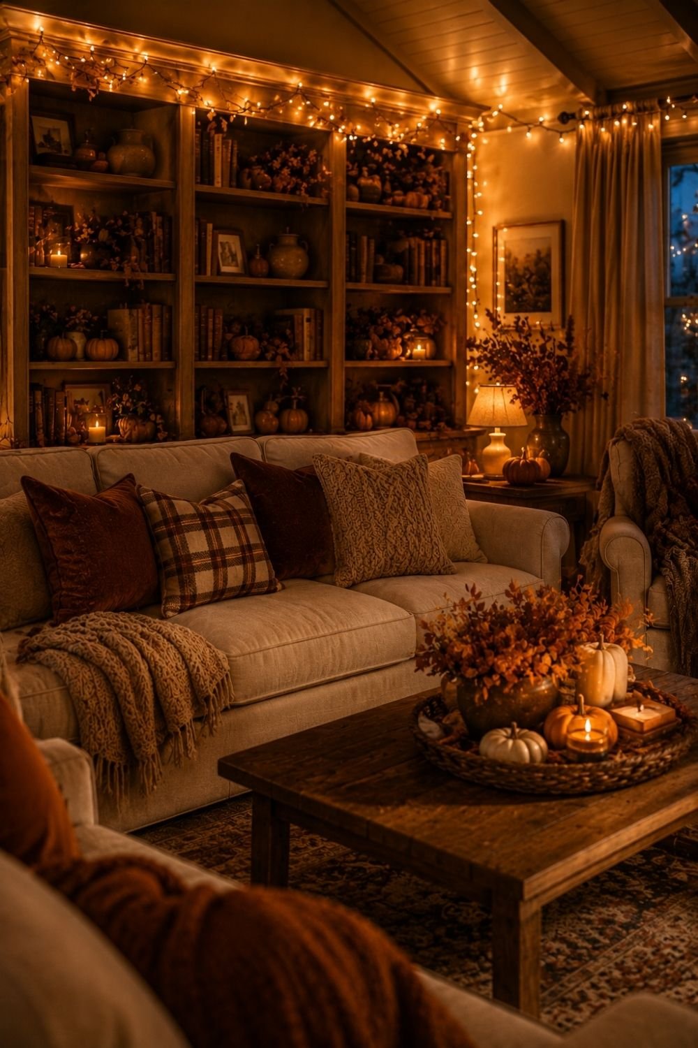 string lights thanksgiving living room decor idea