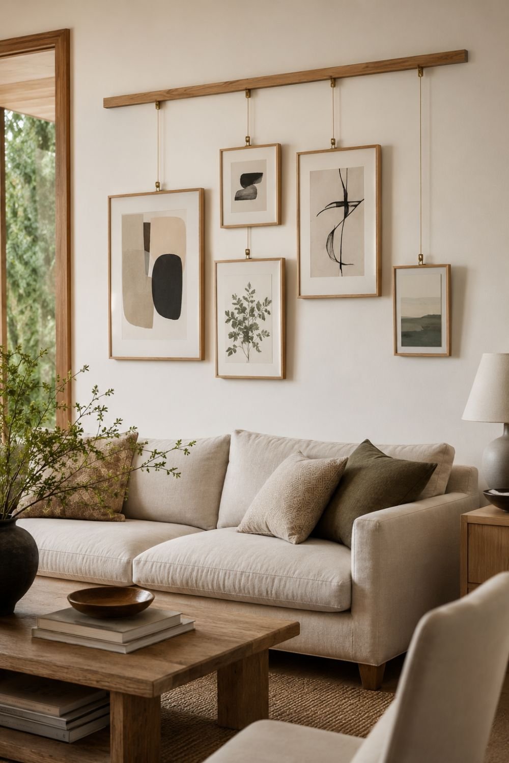 suspended rail living room wall decor idea