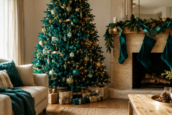 teal christmas decor ideas with teal tree and gold accents