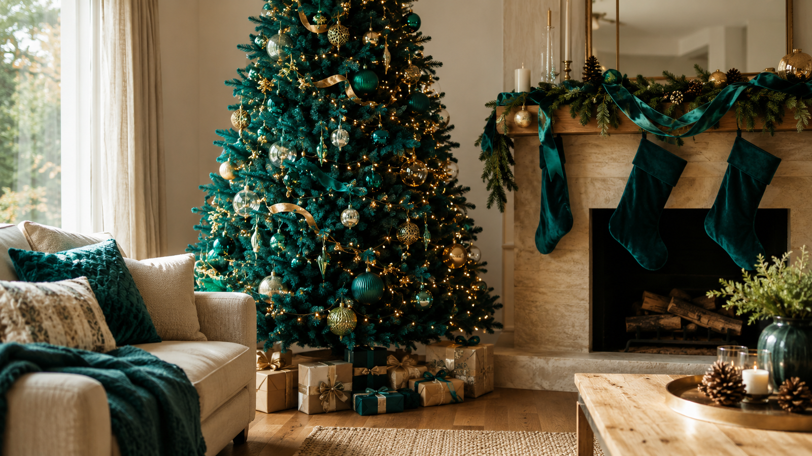 teal christmas decor ideas with teal tree and gold accents