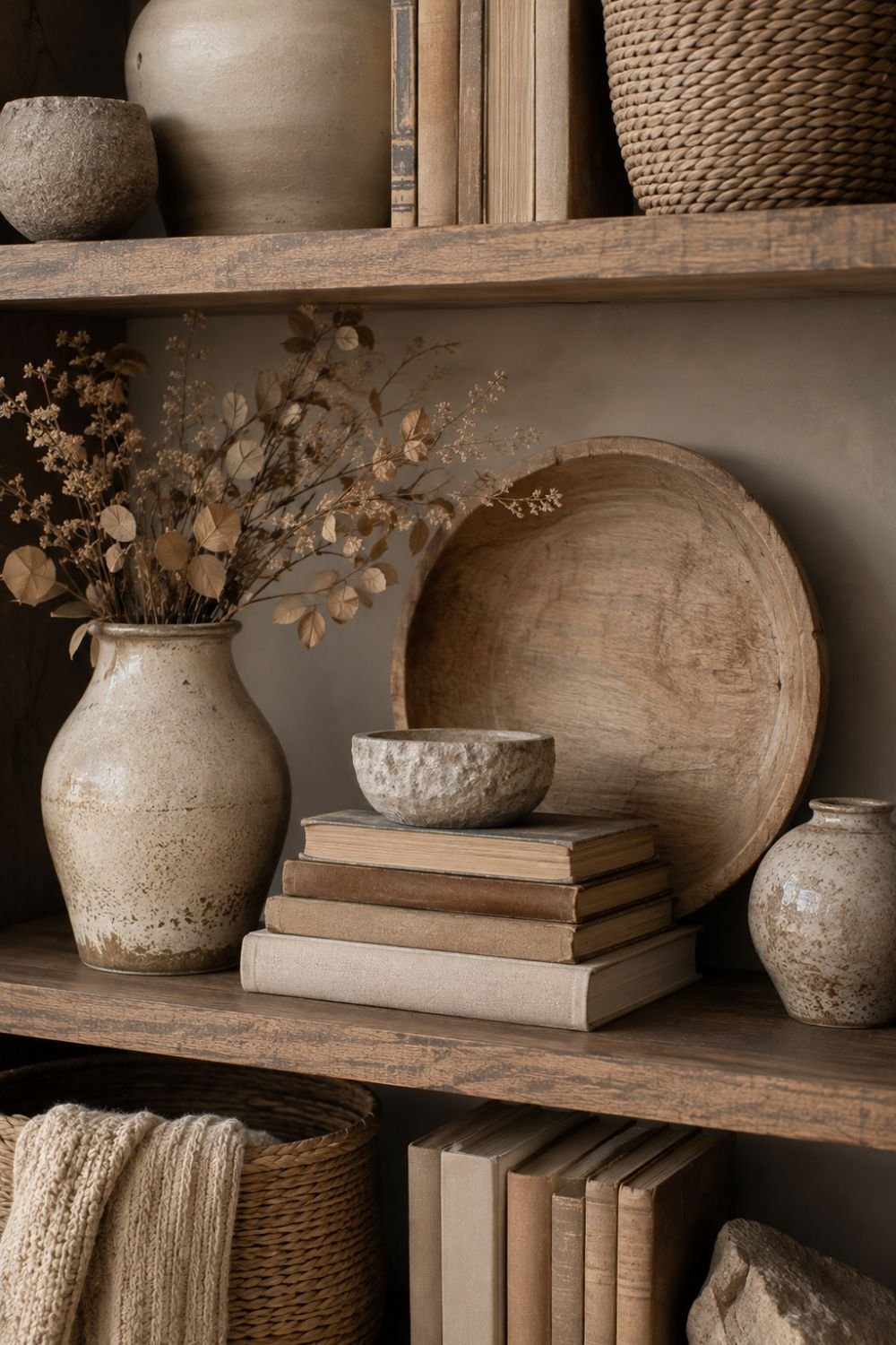texture over color fall shelf styling idea