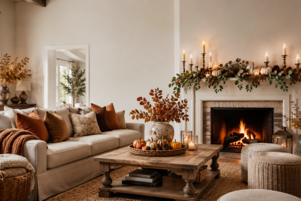 thanksgiving living room decor ideas with cozy mantel and extra seating