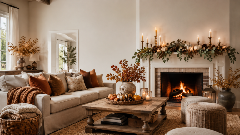 thanksgiving living room decor ideas with cozy mantel and extra seating
