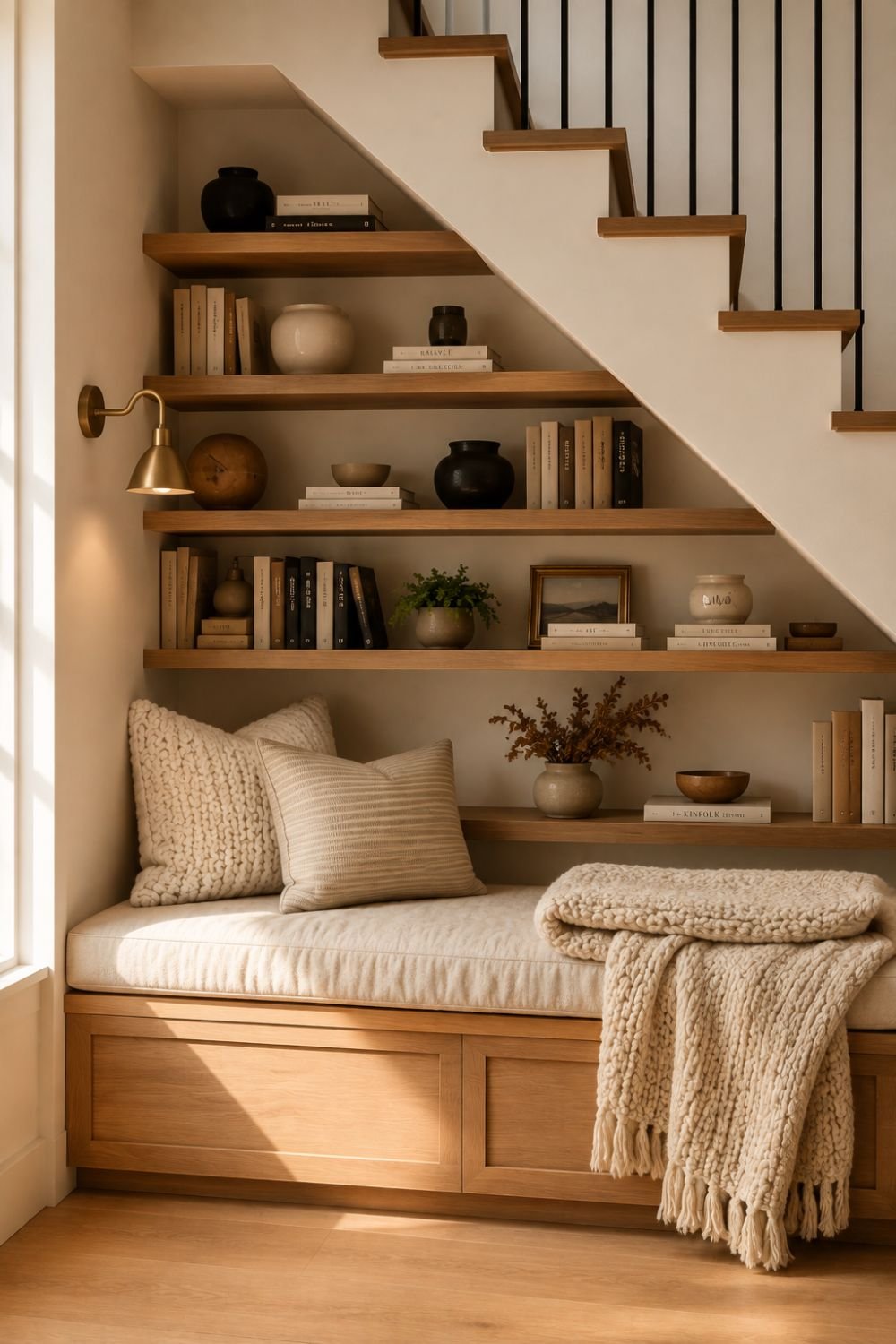 throw blanket under stairs nook idea
