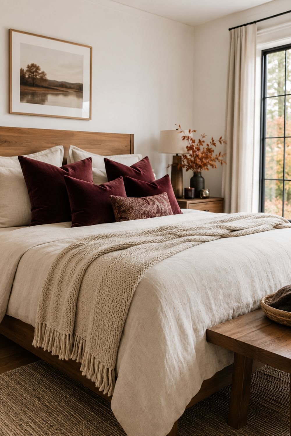 throw pillows burgundy bedroom decor idea
