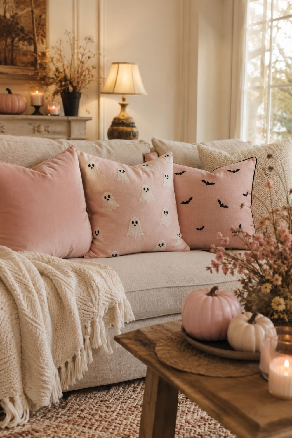 throw pillows pastel pink halloween decor idea