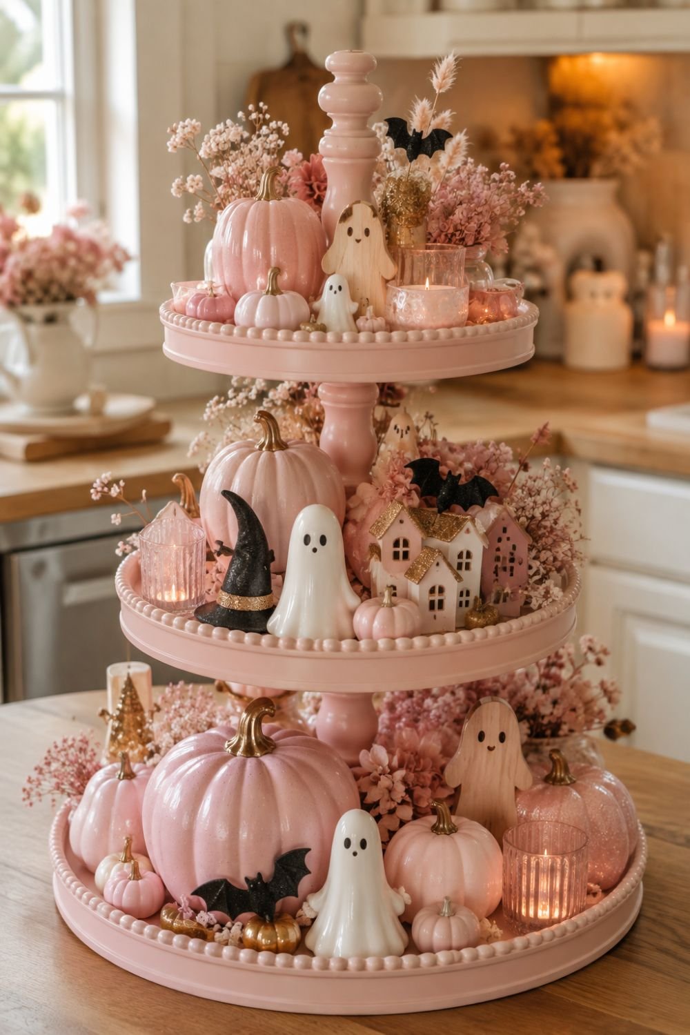 tiered tray pastel pink halloween decor idea
