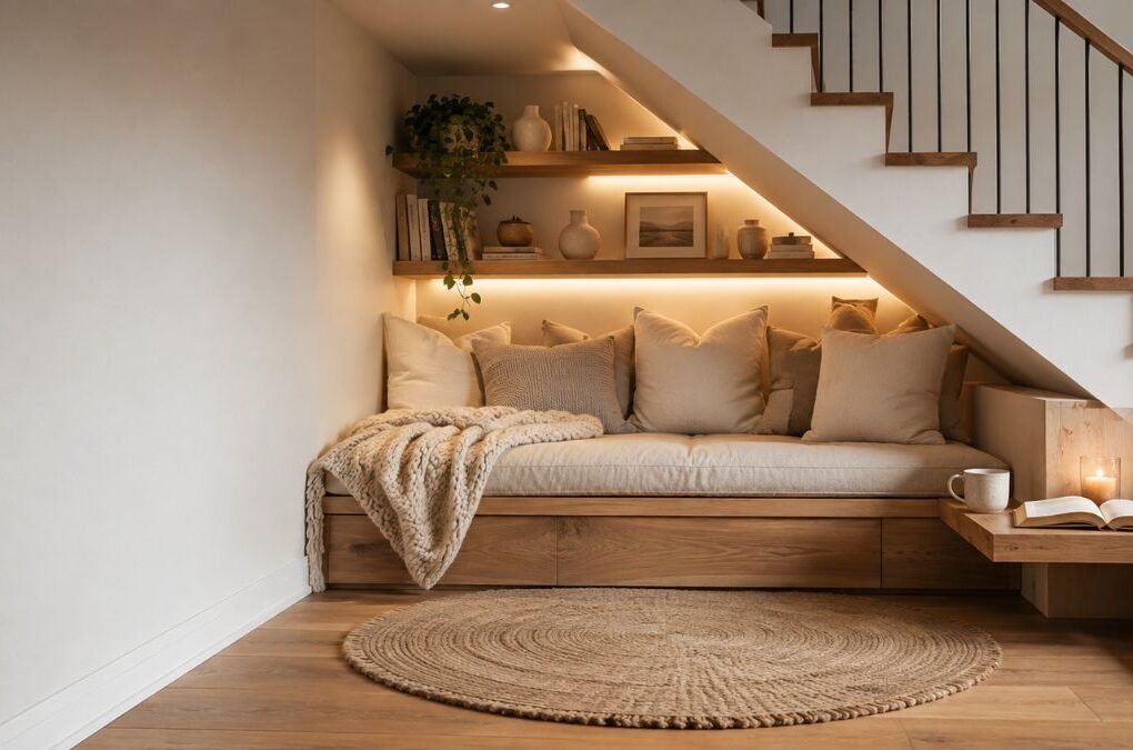 under stairs nook ideas with built-in bench and bookshelf