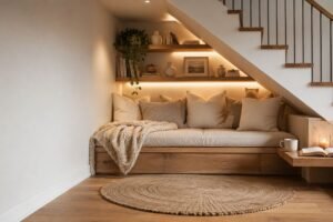under stairs nook ideas with built-in bench and bookshelf
