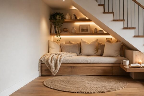 under stairs nook ideas with built-in bench and bookshelf