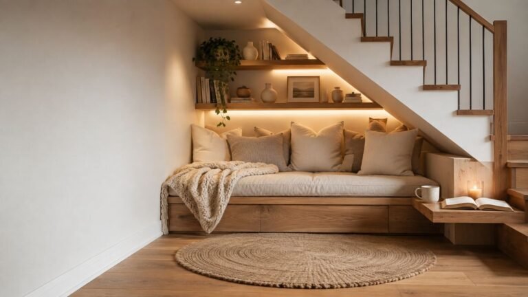 under stairs nook ideas with built-in bench and bookshelf