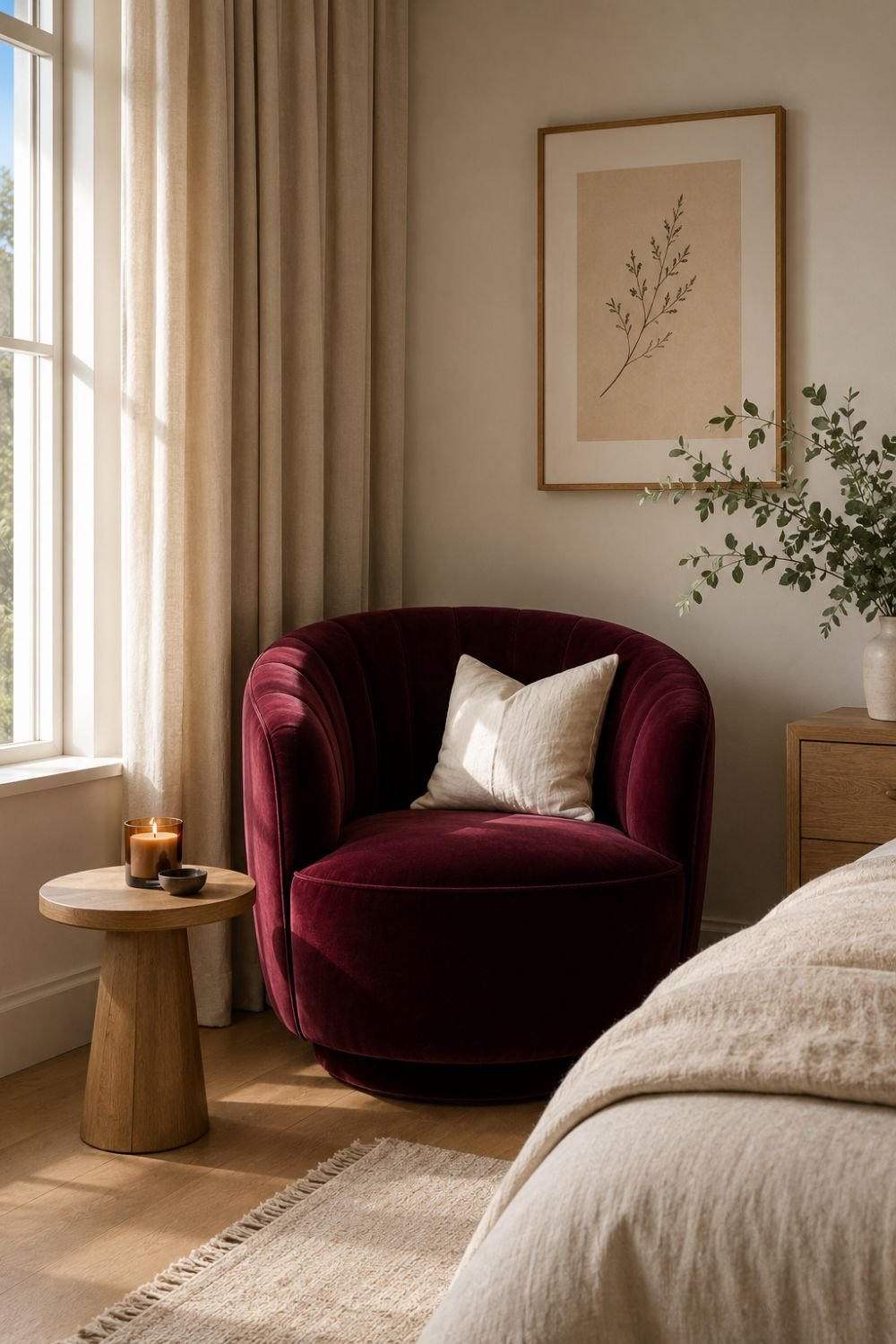 velvet chair burgundy bedroom decor idea