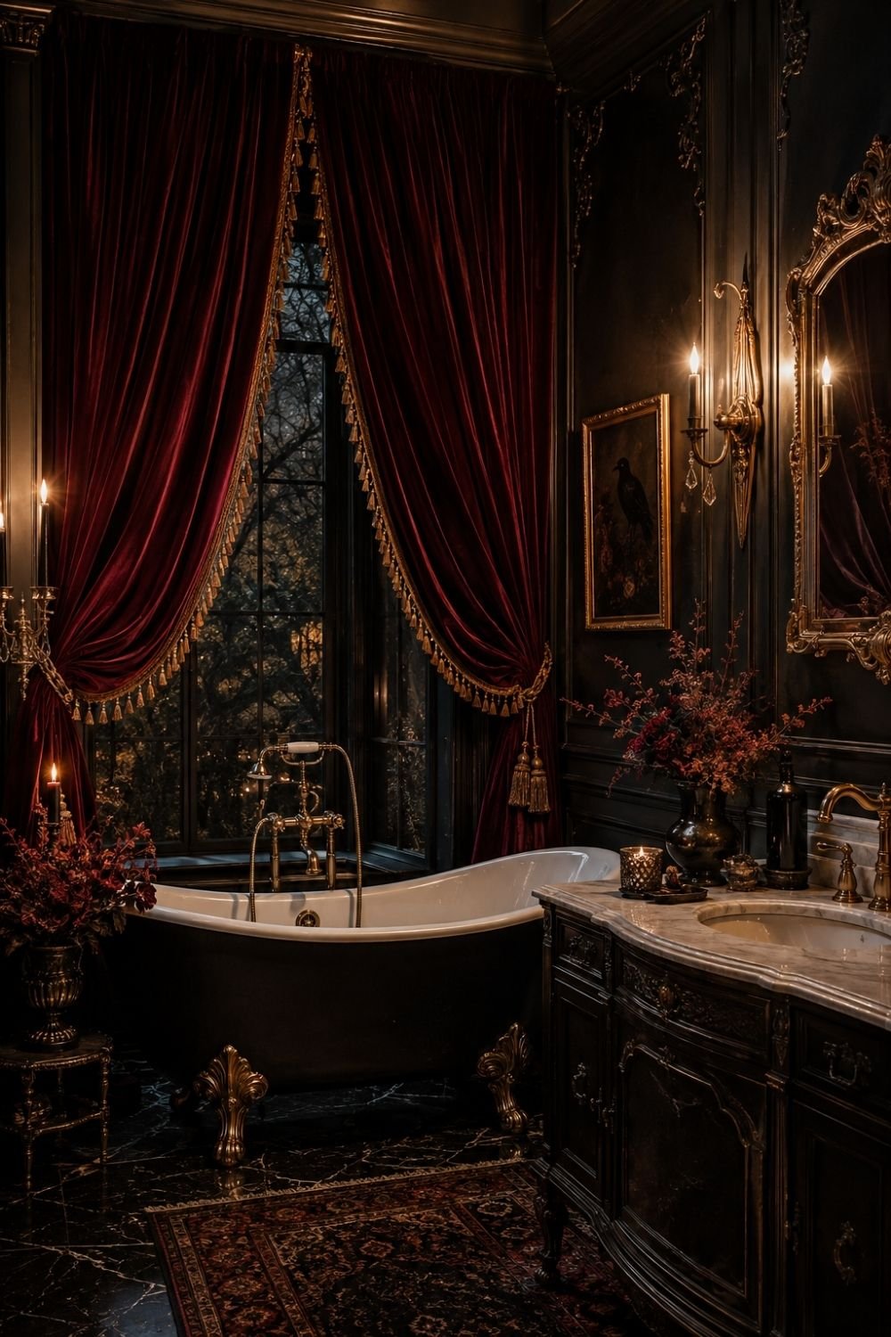 velvet curtain gothic halloween bathroom decor idea